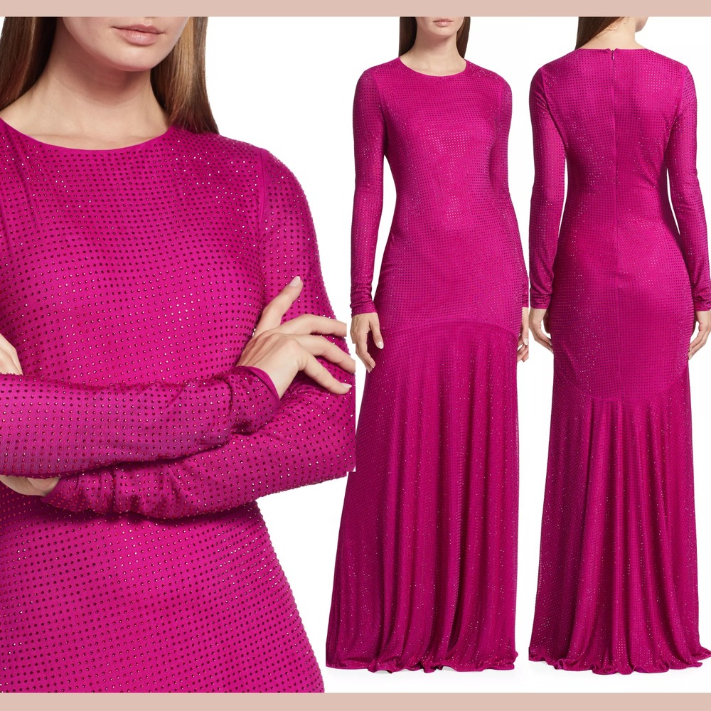NEW $795 ML Monique Lhuillier [ 12 ] Diana Crystal‎ Diamante LongSleeve Gown